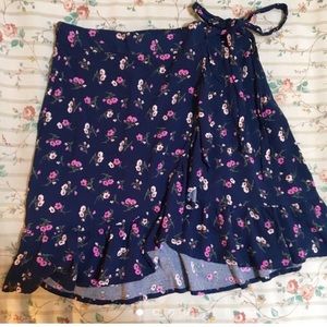 Navy Blue Pink Floral Ruffle Faux Wrap Mini Skirt
